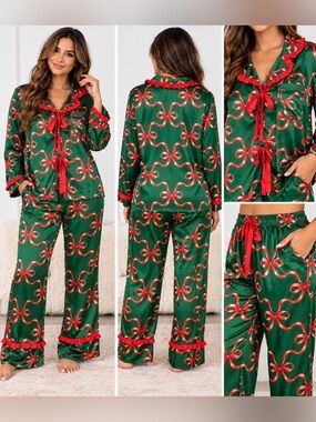 ​Peach Love California Green Satin Pajama Set Red Bow Print Holiday Large